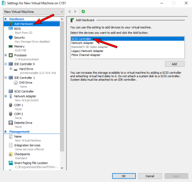 Settings pop-up showing the Add Hardware option selected and an arrow pointing to the SCSI Controller option with the Add button to its lower right.